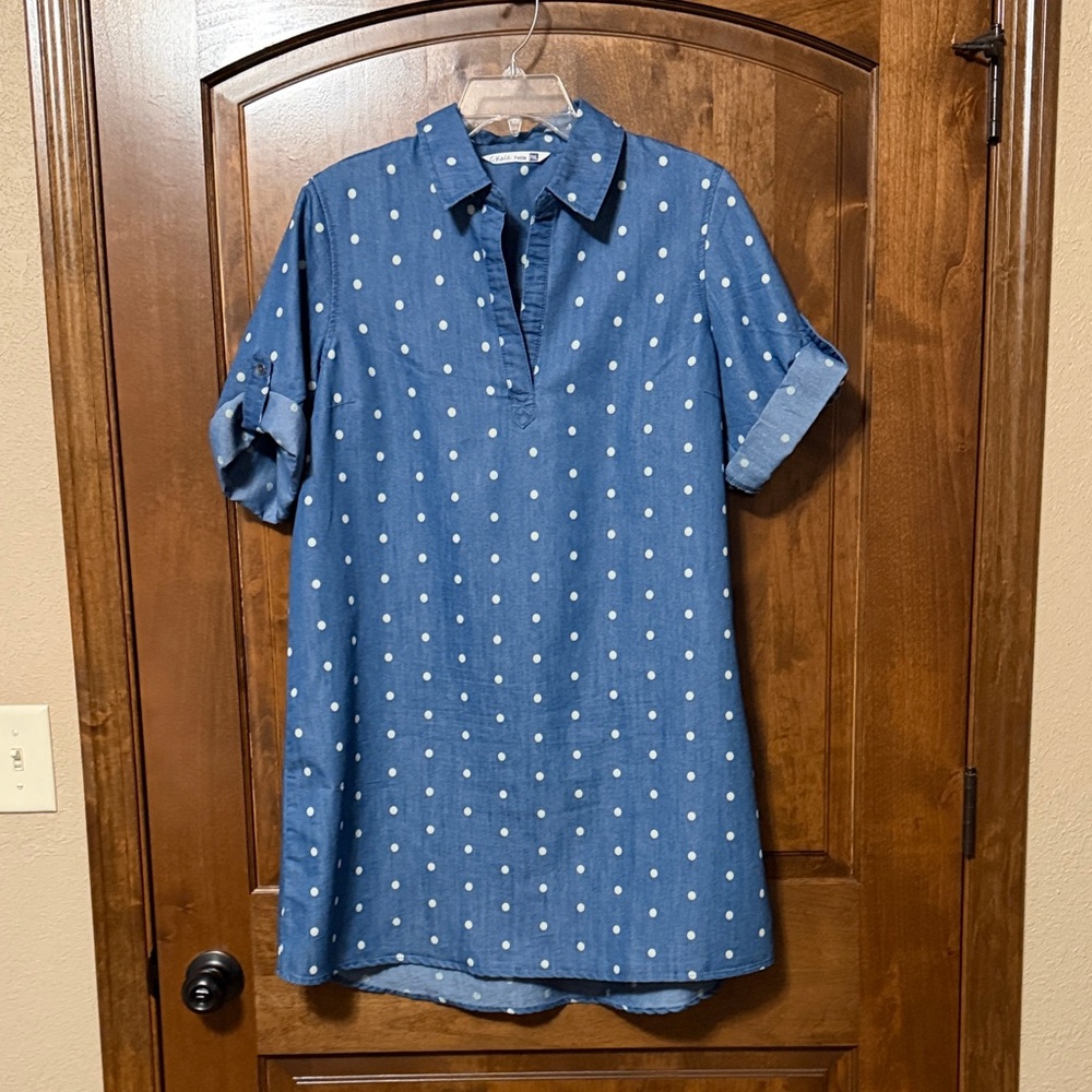 Blue Polka Dot Denim Shirt Dress - PXL